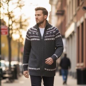 Vintage Far West Fair Isle Zip Cardigan - Gray - Size L